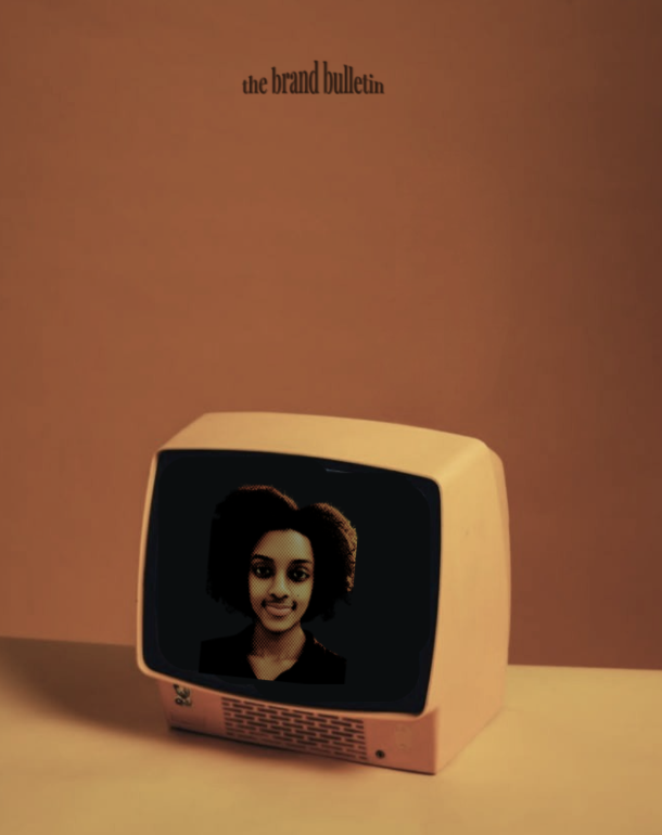 Vintage television displaying a portrait, captioned 'the brand bulletin'